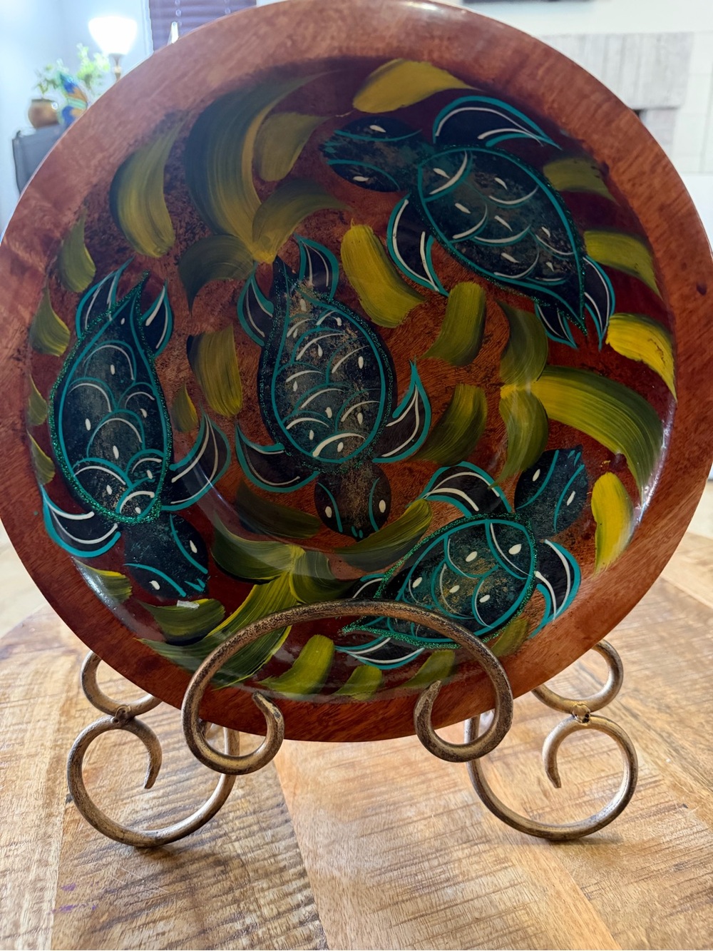 Hand Painted Monkey Pod Wood Bowl Sea Turtle Design Vtg Serving Dish Coastal